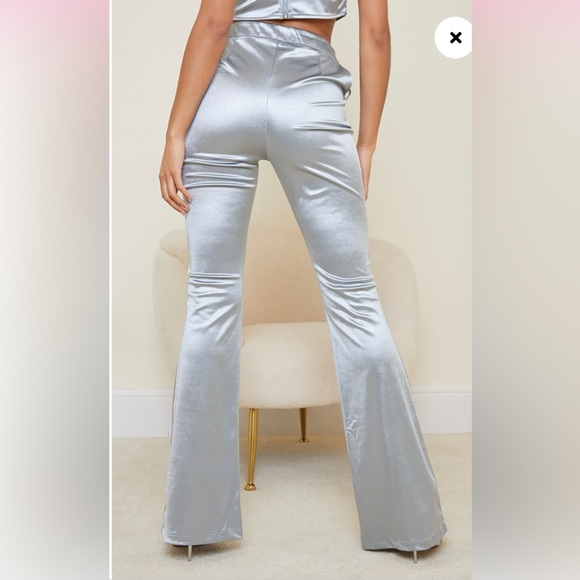 PLT - Silver Stretch Satin Cut Out Hip Detail Flared Trousers, size 6 - Picture 2 of 4